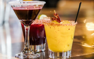 Margaritas red and gold and salt-rimmed glasses from Hola! in the Old Mill District in Bend, OR
