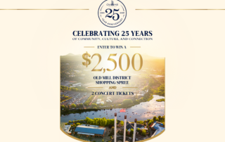 Flyer celebrating 25 years of community, culture, and connection, featuring a chance to win a $2,500 Old Mill District shopping spree and two concert tickets.