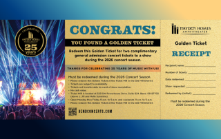 Example of a Golden Ticket with instructions for redeeming concert tickets at Hayden Homes Amphitheater as part of the venue’s 25th anniversary celebration, featuring a photo of the amphitheater stage illuminated with colorful laser lights on the left side.